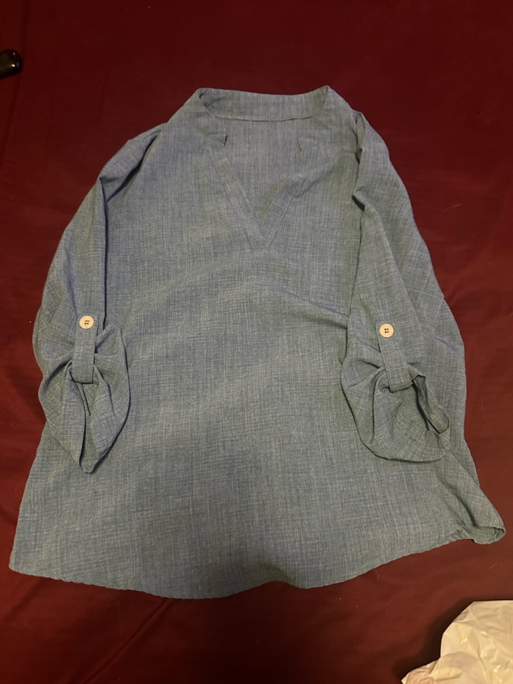 SHEIN Blue Chambray V-Neck Button-Sleeve Blouse